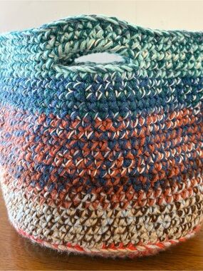 Hand-Crocheted Striped Basket in Teal, Blue, Orange, and Cream